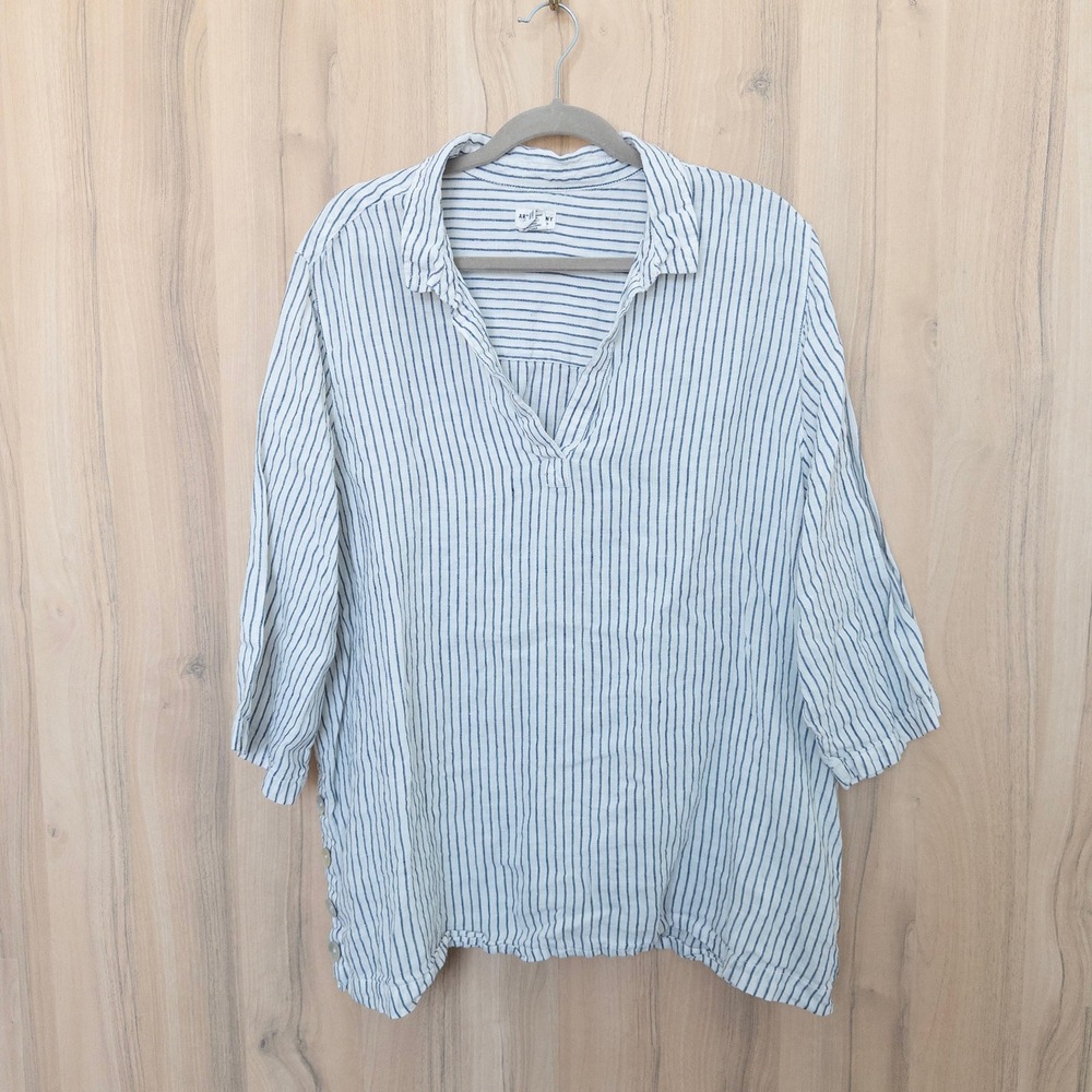 Artisan NY Womens Linen Blouse 2X White Blue Striped Coastal Nautical Preppy